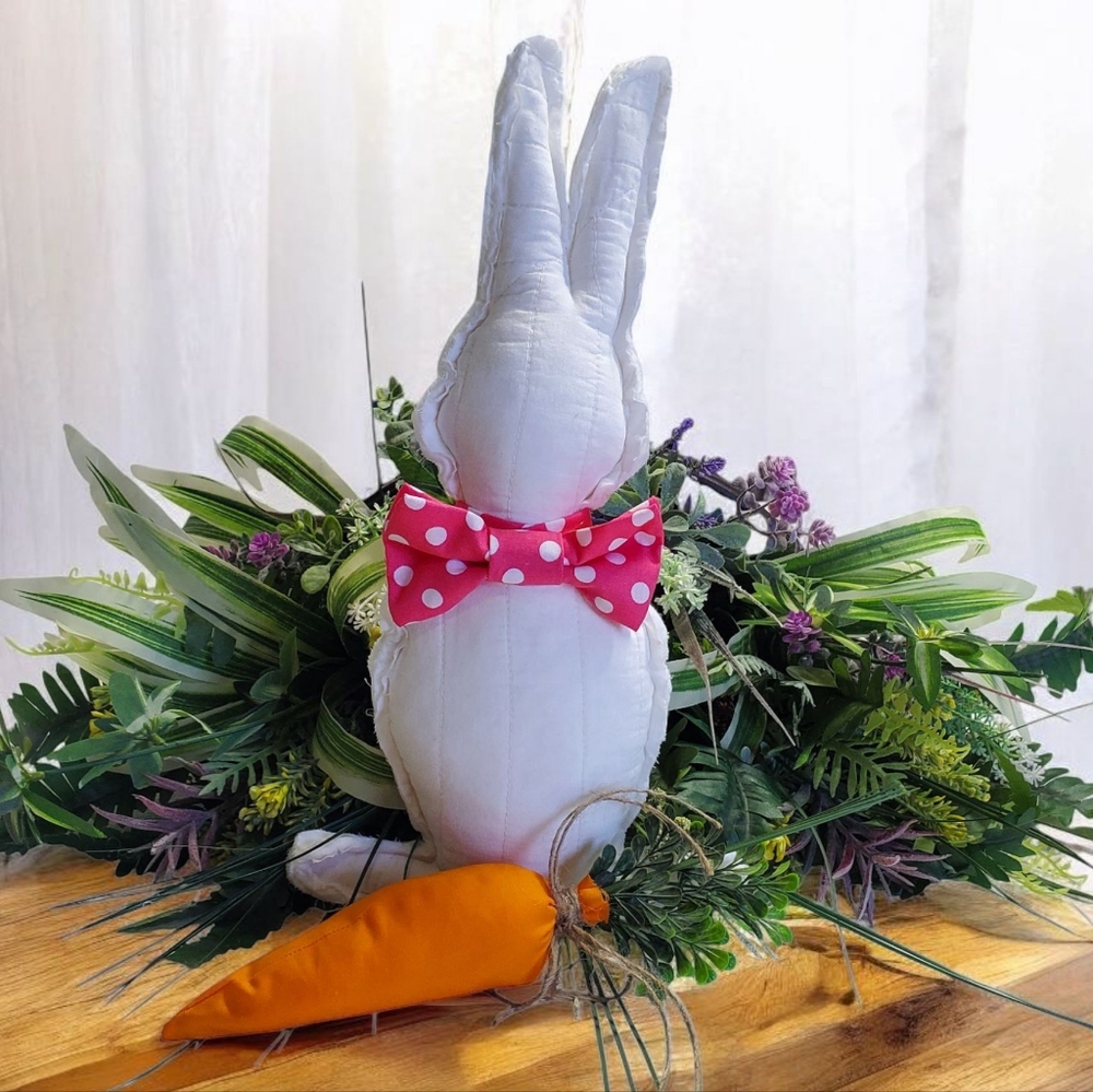 Homemade White Farmhouse Bunny with Pink Polka Dot Bow and Orange Carrot Easter